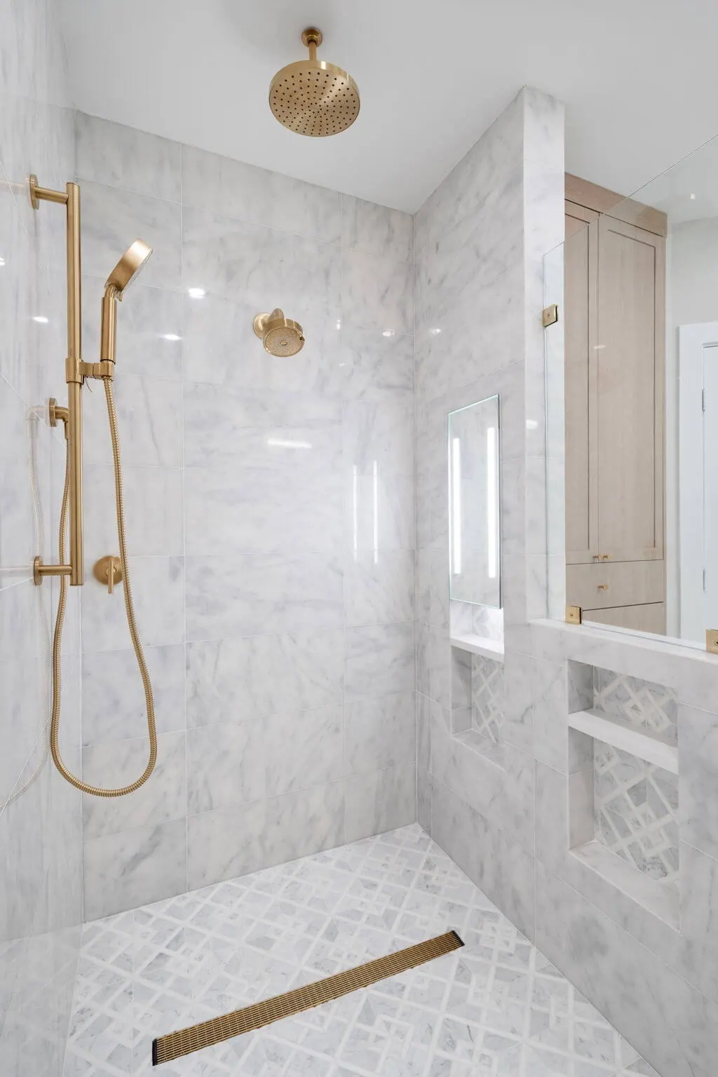 Luxury Waterfront Condo, Primary bath, shower by Kathryn Interiors