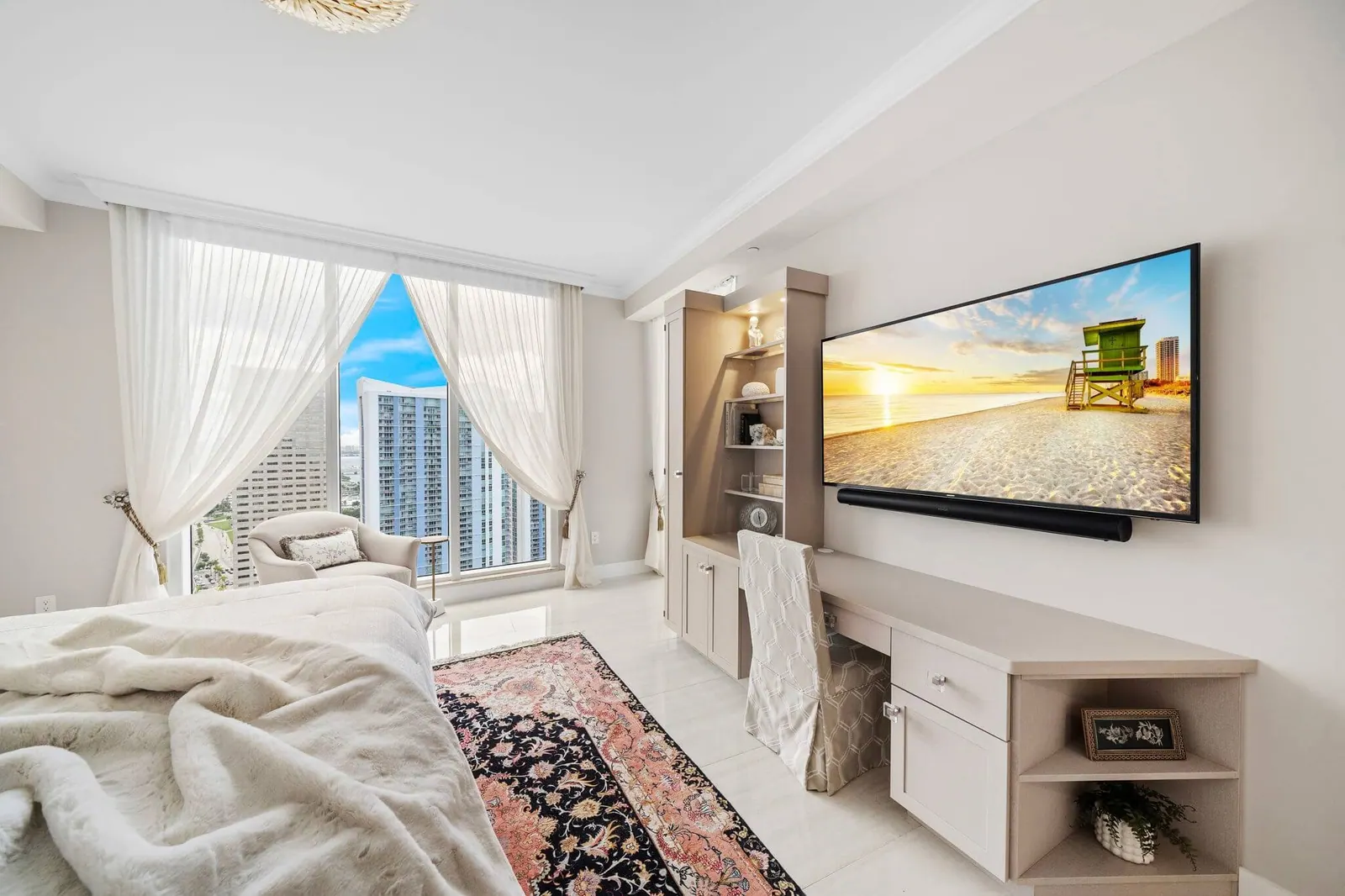 Luxury Waterfront Condo, Primary bedroom, built-in desk by Kathryn Interiors