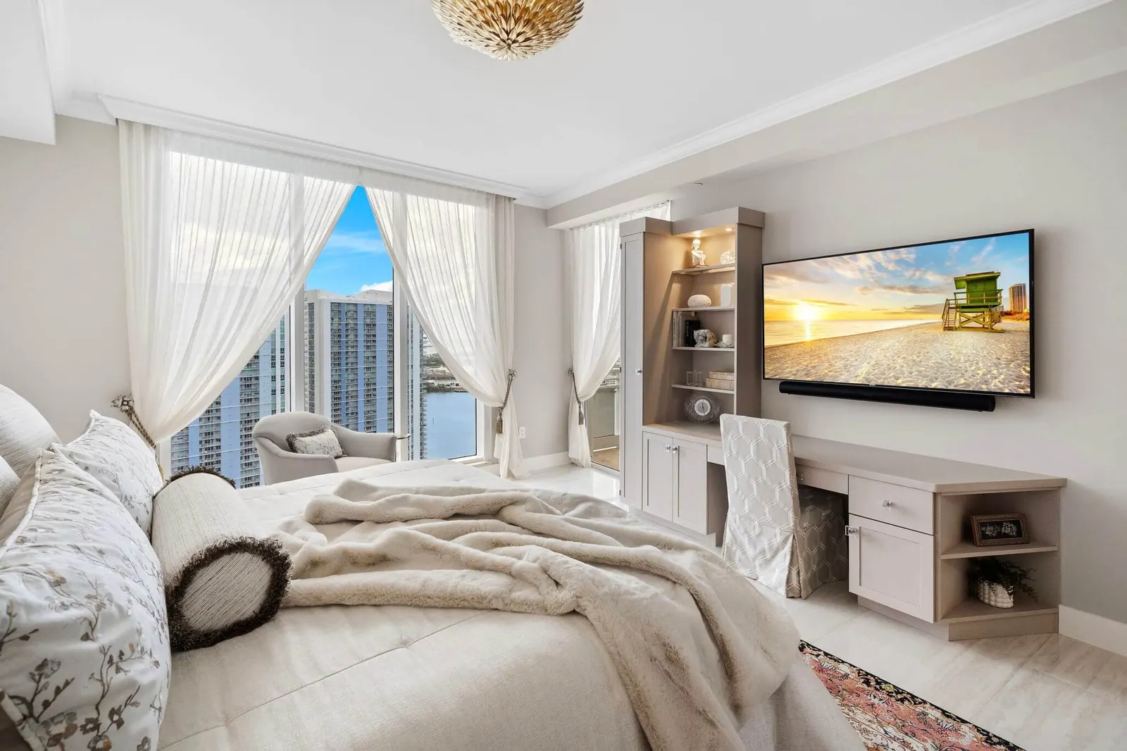 Luxury Waterfront Condo, Primary bedroom, built-in desk by Kathryn Interiors