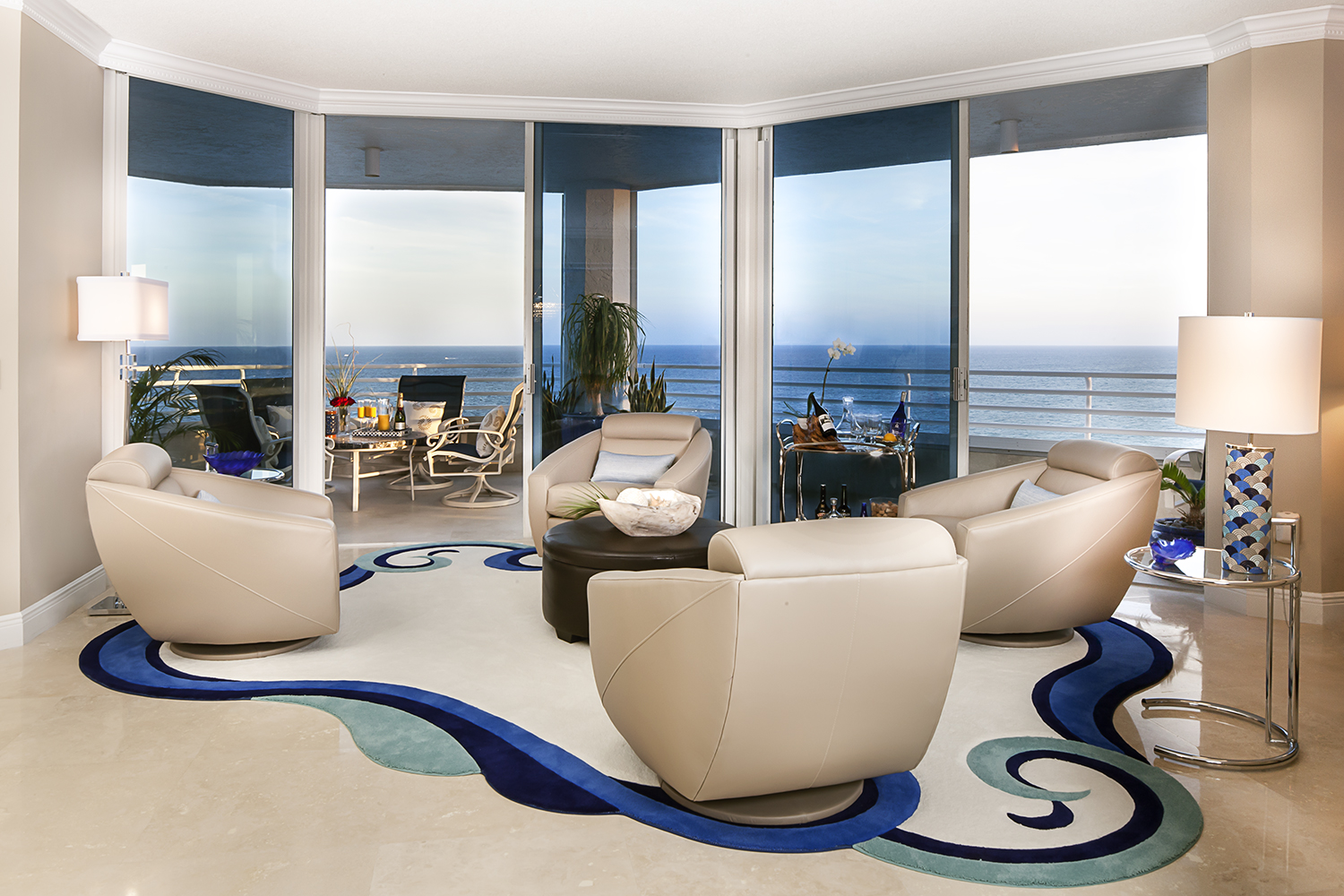 Miami condo living room with ceiling to floor windows