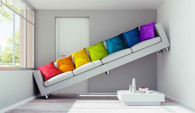 Funny image of impossible to fit sofa in a long living room