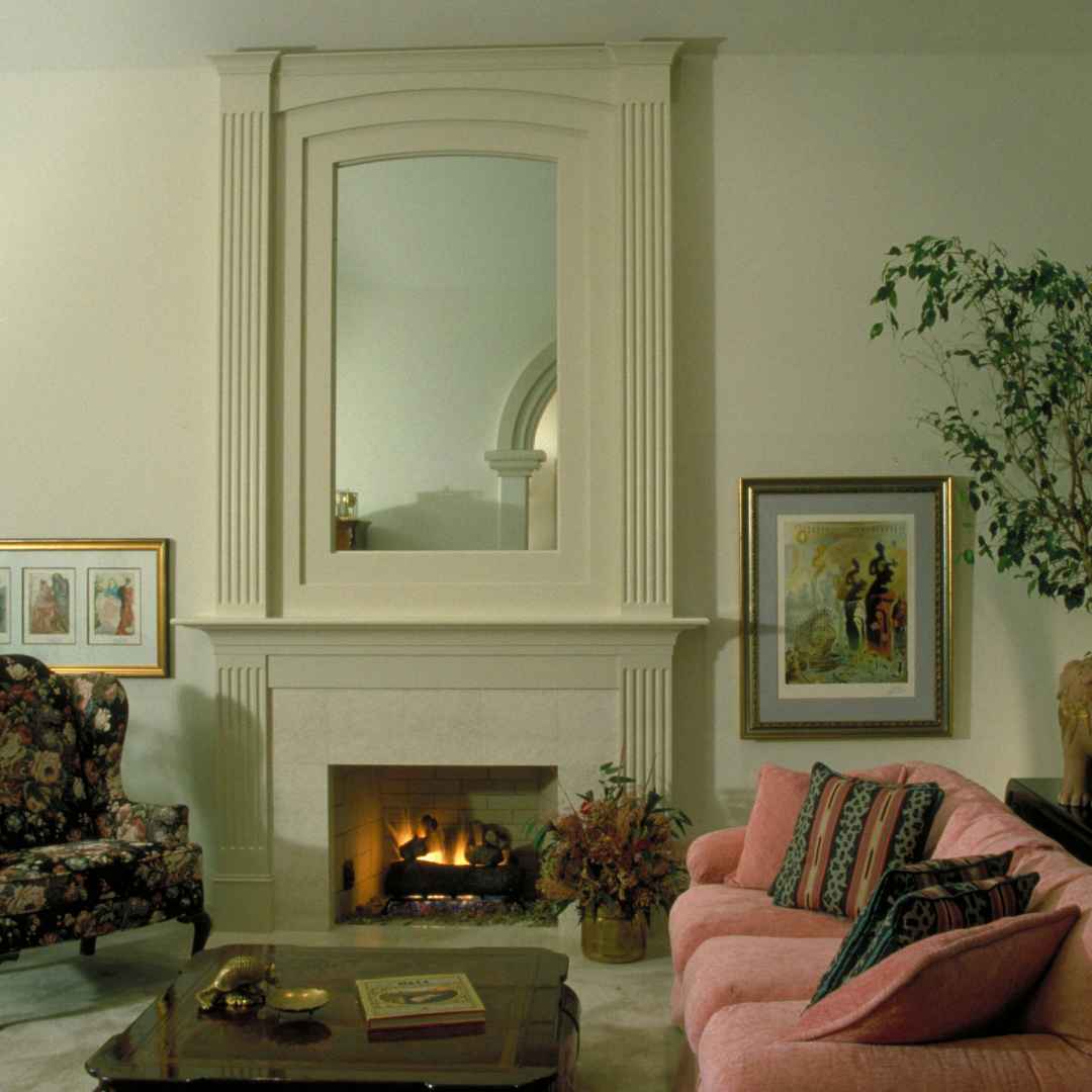 Fire place under mirror in long living room