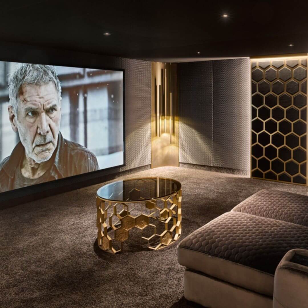 Home cinema, media room with a movie playing. Harrison Ford on screen.