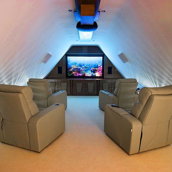 Triangle shaped media room with cozy lights