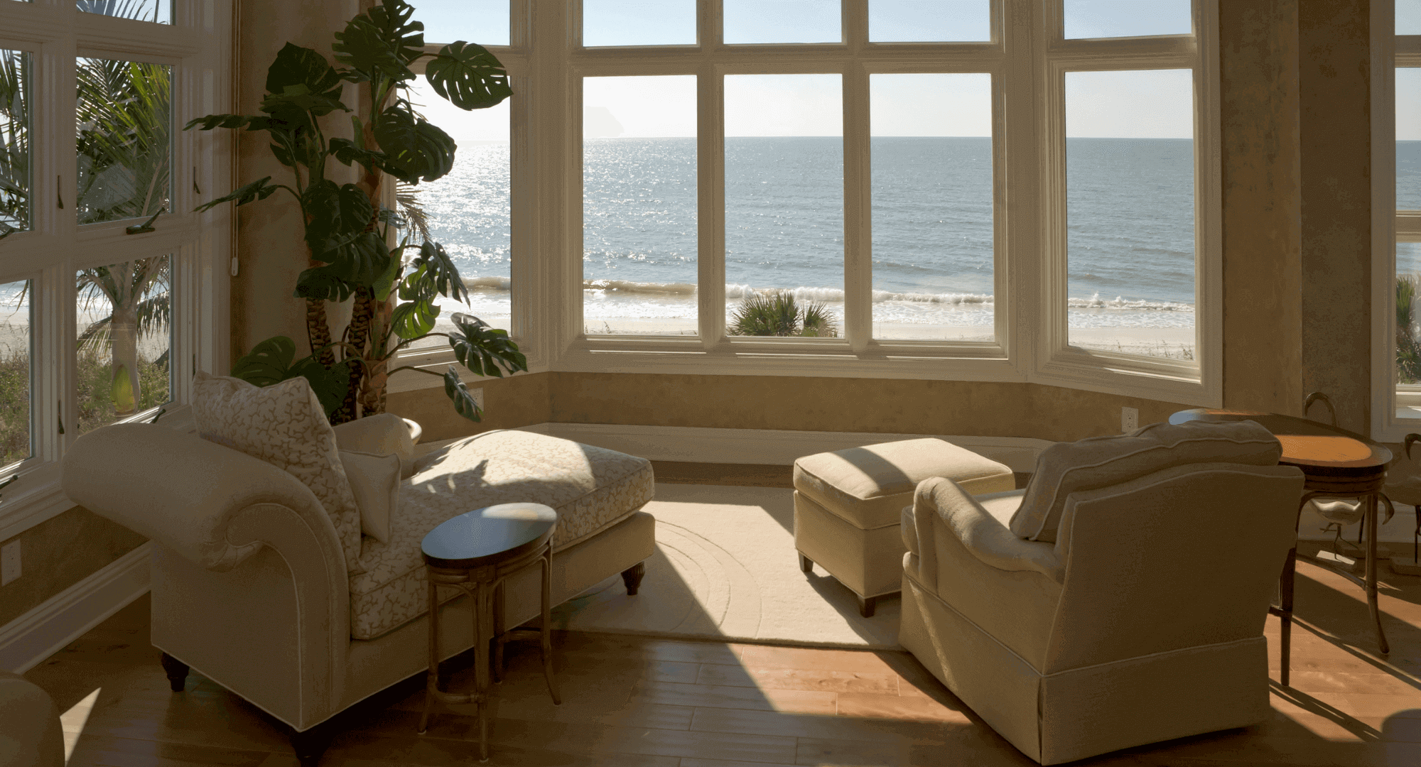 Living room in beach house with sea view