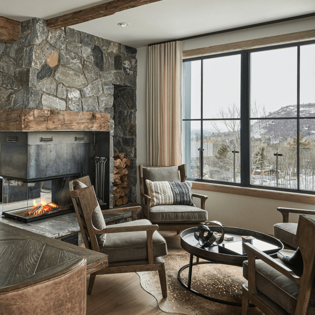 Cozy rustic living room with stone details